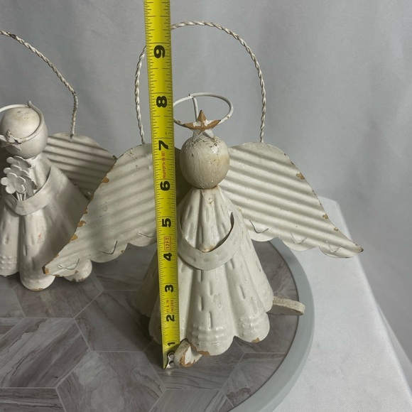 Rustic Corrugated Metal Angel Figurines Set of 2 White Holiday Decor Christmas - Picture 5 of 6